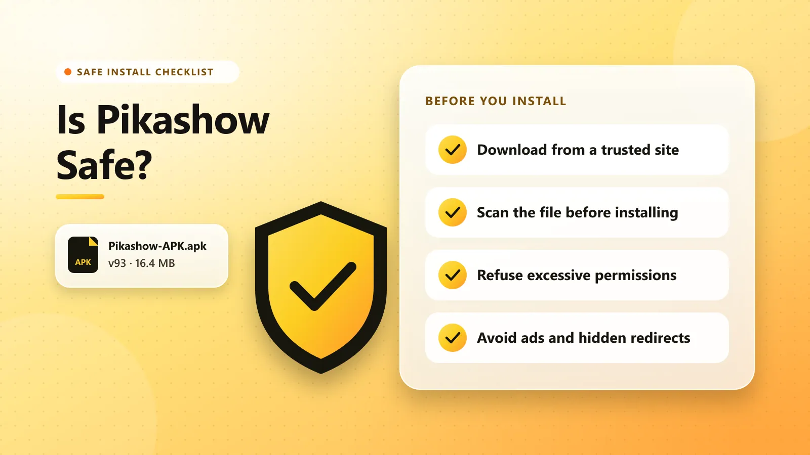 Pikashow APK safety checklist: trusted site, scan the file, refuse excessive permissions, avoid ads and redirects