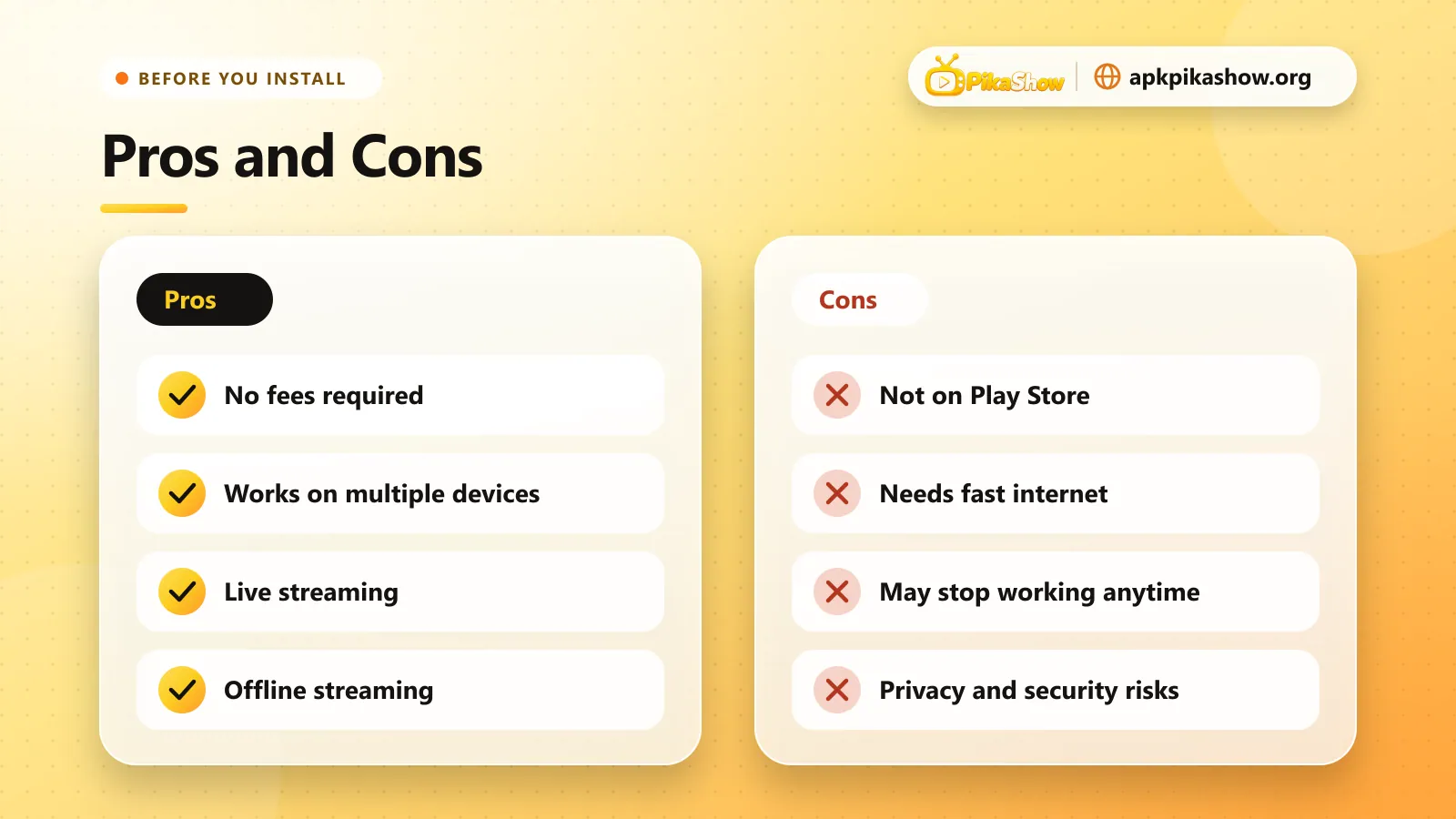 Pikashow APK old version pros and cons: free and offline streaming, but not on Play Store and needs fast internet