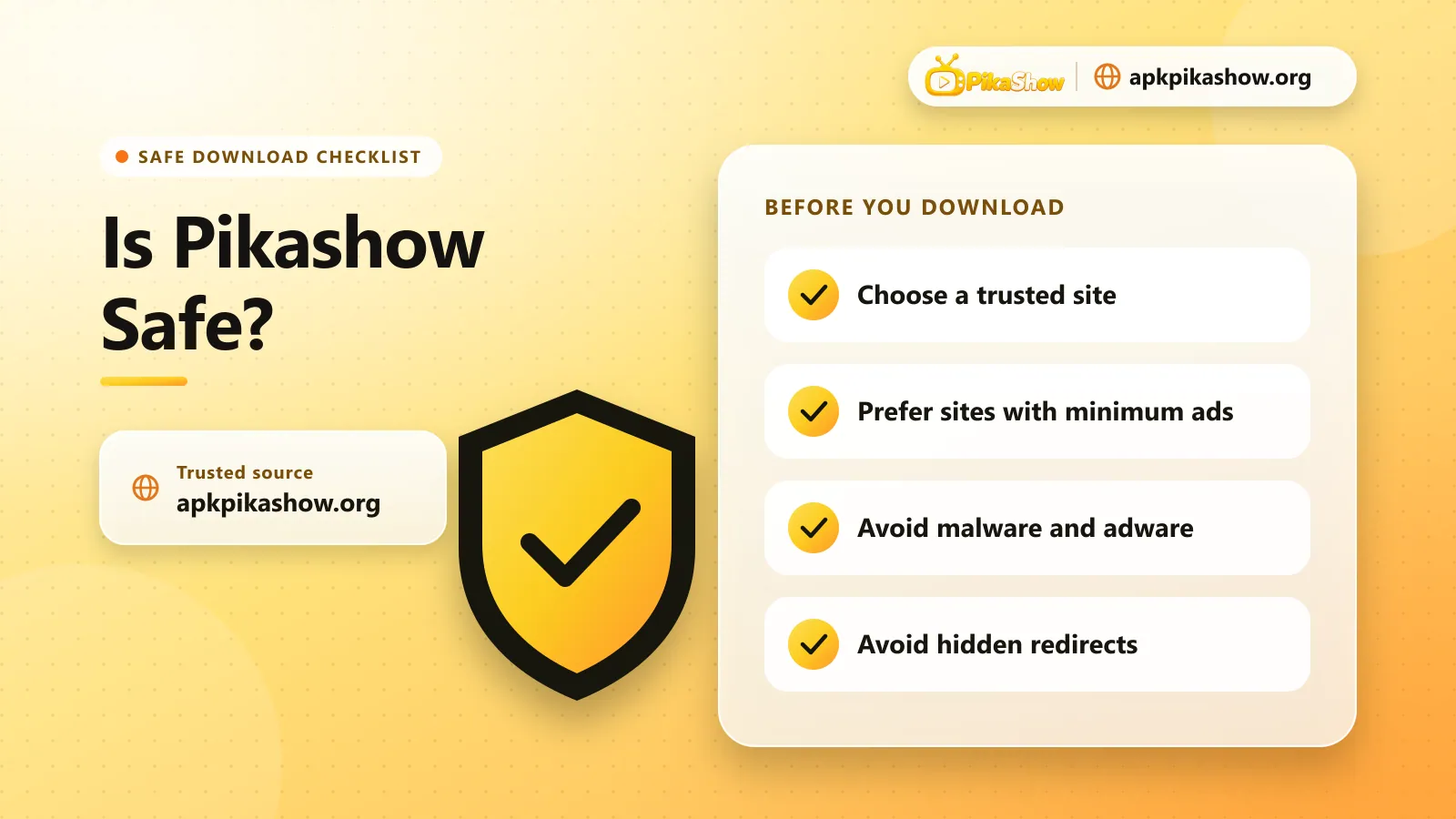 Pikashow safety checklist: trusted site, minimum ads, avoid malware, adware and hidden redirects